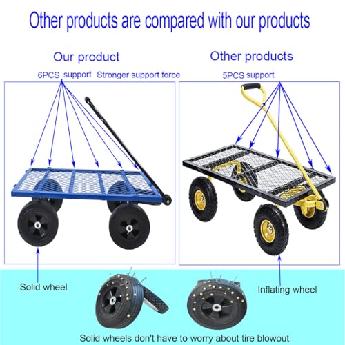 1000 lbs Heavy Duty Steel Garden Cart, 2-in-1 Convertible Utility Wagon with Removable Mesh Sides & Flatbed, 10" Solid No-Flat Tires, 180° Rotating T-Handle Yard Cart for Lawn, Farm, Warehouse,Blue - color: Blue