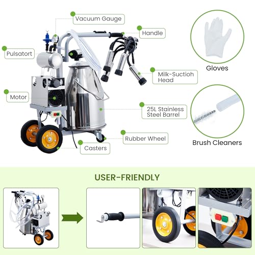 Electric Cow Milking Machine, 25 l Stainless Steel Bucket, Automatic Pulsation Vacuum Milker, Portable Milker with Food-Grade Silicone Cups and Tubes, Adjustable Pressure