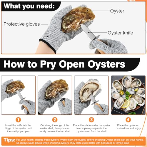 Oyster Shucking Knife Set, 2 Pack Stainless Steel Oyster Shucker Knife and 2 Pairs Level 5 Cut-Resistant Gloves, Seafood Shell Opener Kit for Oysters, Clams, Crabs,Seafood Boil Party Supplies