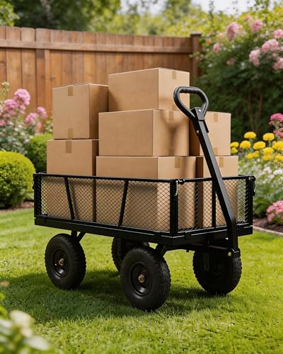 GarveeTech 1000LBS Heavy Duty Steel Garden Cart, Garden Wagon Cart on Wheels, Metal Yard Utility Wagon with Removable Mesh Sides, 13" All Terrain Tires, 180° Rotating Handle for Lawn, Garden, Farm - color: Black