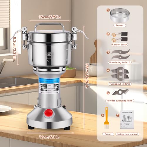 Electric Grain Mill Grinder, 2000W High-Speed 750g 304 Stainless Steel Professional grain mill for flour & Spice Grinder for Kitchen and Coffee Shop - Grinds Grains, Coffee, Dry Spices, Easy Operation - size: 750G