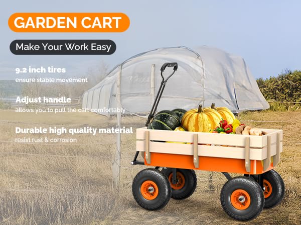 VINGLI Steel Garden Wagon Cart on Wheels, 330lb Load Capacity, Removable Heavy Duty Wooden Side Panels, with Extendable Handle and 10inch All-Terrain Tires, Wheelbarrow for Yard Landscaping (Orange) - color: Orange