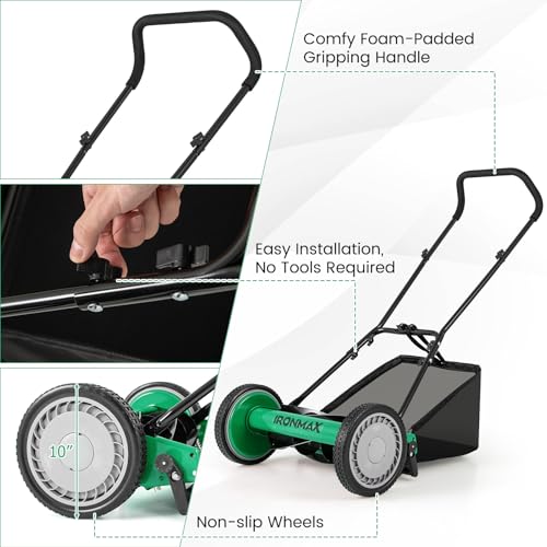 IRONMAX 16 Inch 5-Blade Push Reel Mower, Removable Grass Catcher, Green - color: Green, size: 16 Inch