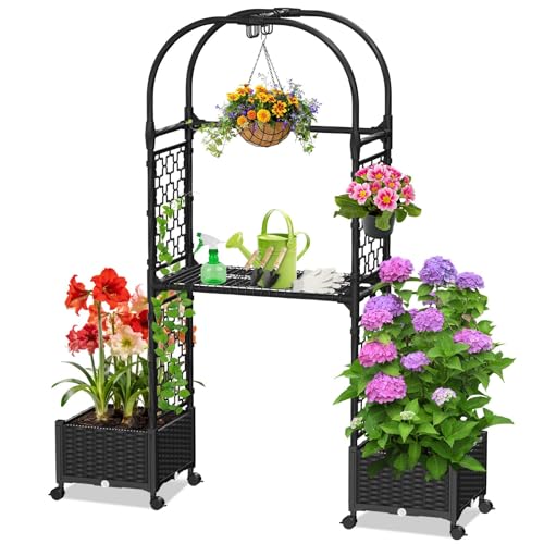 Planter Box with Trellis,5.9ft/71in Self Watering Raised Garden Bed with Wheels and Storage Shelf,Drainage Holes,for Flower Rattan Vines Plant Climbing Tomato Vegetable Indoor Outdoor Garden Patio
