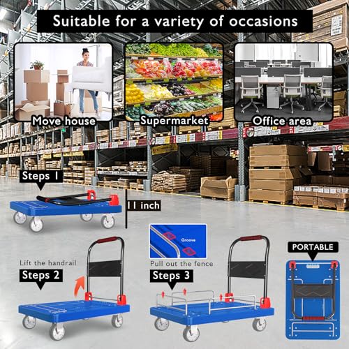 1300lbs Platform Truck with Brake Wheels & Foldable Fences - color: Blue, size: 36"x24"