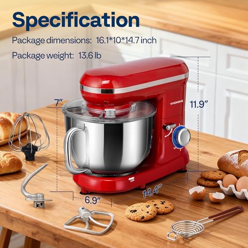 VIVOHOME Stand Mixer, 6-Quart Tilt-Head Kitchen Mixer with Bowl, Red - color: Bright Red