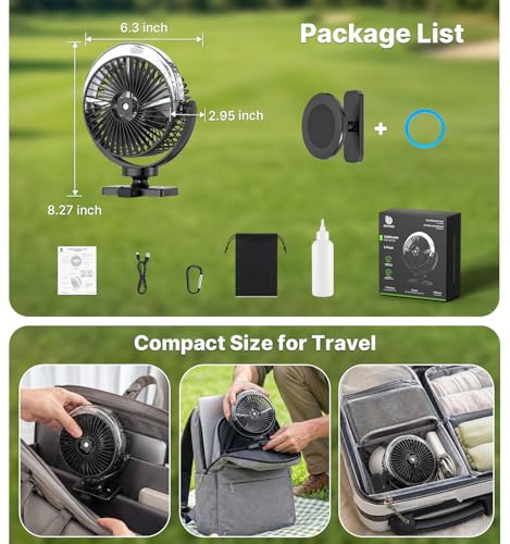BOYISEN Magnetic Golf Cart Fan with Mister, 12000mAh Battery Portable Fan - color: Black-1 Pack+Holder