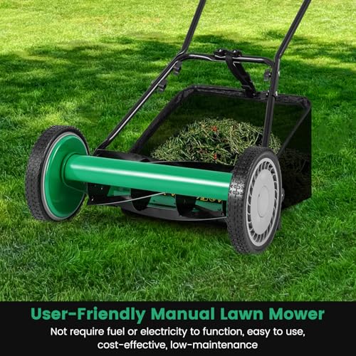 16" Manual Rear Mower, Push Lawn Mower with 5 Steel Blades, Adjustable Cutting Heights & Grass Catcher Bag, Walk-Behind Grass Cutter Lawn Sweeper for Garden, Park & Yard (Green) - color: Green, size: 16"