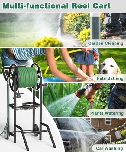 Artigarden Hose Reel Cart with 2 Wheels, Garden Water Hose Holder Heavy Duty Powder Coated Steel Outdoor Winder Storage Holds 125 ft 5/8" Hoses with Basket and 3.9ft Leader Hose for Backyard, Black - color: Black