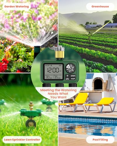 Water Timer for Outdoor Garden Hose, Sprinkler Timer for Garden Faucet with Auto/Manual/Rain Delay Mode, Sprinkler Irrigation Controller for Yard Lawn (3 Zones Brass Inlet & Outlet)