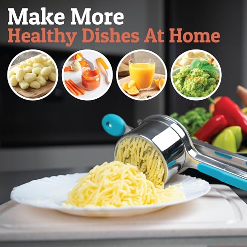 PriorityChef Large 15oz Potato Ricer, Heavy Duty Stainless Steel Potato Masher and Ricer Kitchen Tool, Press and Mash Kitchen Gadget For Perfect Mashed Potatoes - Everytime, Silver and Turquoise - color: Turquoise