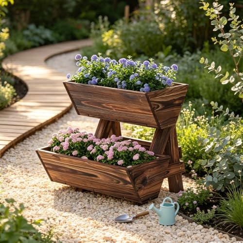 Wooden Vertical Raised Garden Bed with Legs, Tiered Planter Box, Vertical Garden Planter,Wood Plant Stand Wood Flower Rack for Patio, Balcony, Freestanding. (Carbonized-2 Tiers) - color: Carbonized, size: 2 tiers-Small