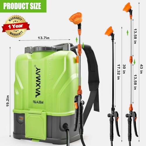 VAXMAY Battery Powered Backpack Sprayer 4.2 Gallon, 120 PSI Electric Garden Sprayer Compatible with DeWalt 20V Battery, Weed Yard Sprayer with 2 Wands, 5 Nozzles, 2.6 Ah Battery & Charger Included - size: 4.2 Gallon