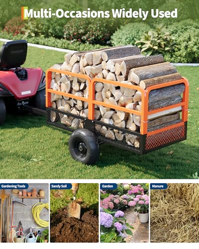 Garvee ATV Trailer Heavy Duty Steel Dump Cart 1600 Lbs 22 Cubic Feet Garden Utility Trailer,Hand Pull or Foot Pedal with Removable Sides Tow Behind Dump Cart for ATV, UTV, Lawn Mowers and Tractors