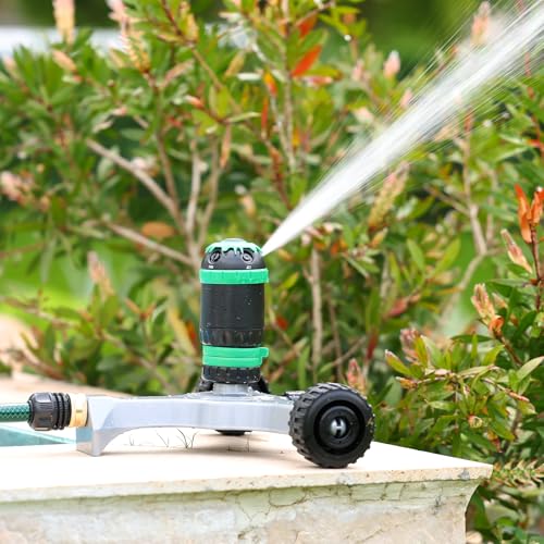 RESTMO Gear Drive Sprinkler with Metal Wheeled Base,Portable Lawn Sprinkler