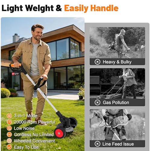 Electric Weed Wacker Cordless with Wheels,21V Lightweight Electric Weed Eater Battery Powered,4 in 1 Grass Trimmer/Brush Cutter/Lawn Edger/Lawn Mower,No String Trimmer Battery Operated for Garden Yard