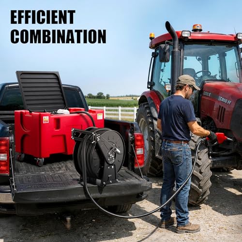 Fuel Hose Reel, 3/4" NPT × 66 FT Extra Long Retractable Diesel Hose Reel, Heavy-Duty Carbon Steel Construction with Auto Fuel Nozzle, 300 PSI, Swivel Steel Construction Reel For Plane Ship Vehicle - size: 20M