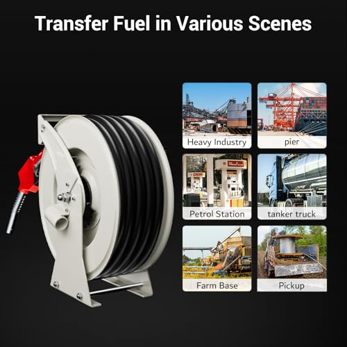 Fuel Hose Reel 3/4 Inch x 50ft, Heavy Duty Steel Construction, 300 PSI, Spring Driven Auto Rewind, Retractable Diesel Hose Reel with Fueling Nozzle for Truck, Farm, Aircraft, Ship, Tank Trailer - size: 3/4 Inch