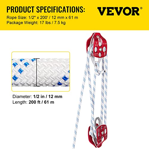 VEVOR Twin Sheave Block and Tackle 1/2" x 200Ft Twin Sheave Block with Braid Rope 30-35KN 6600-7705LBS Double Pulley Rigging - size: 1/2" x 200'