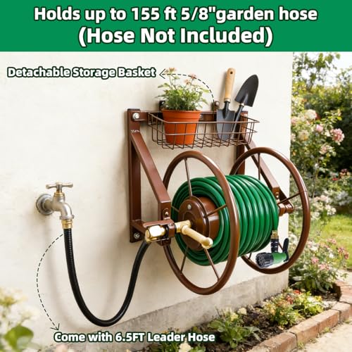 WERMAH Wall Mount Garden Hose Reel, Heavy Duty Metal Holds 155ft 5/8" Hose