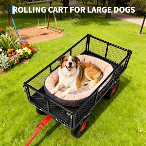 900 Lbs Heavy Duty Steel Garden Cart, Garden Wagon Cart on Wheels, Outdoor Metal Yard Utility Wagon Carts with and Mesh Removable Sides(Convert to Flatbed) and 180°Rotating Handle - color: Yellow, size: 43.5"D x 20.5"W x 21"H