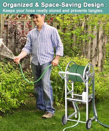 Artigarden Garden Hoses Reel Cart with Wheels, Outdoor Heavy Duty Powder Coated Steel Water Winder Storage Holds 125 ft 5/8" Hose with 3.9ft Leader Hose and Basket for Backyard, Yard, Lawn, White - color: White