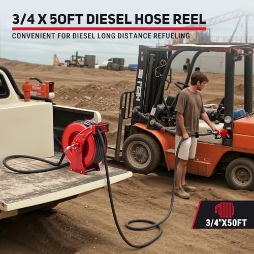 Fuel Hose Reel 3/4" x 50FT, Retractable Diesel Reel with Nozzle - color: Red, size: 3/4 inch 50FT