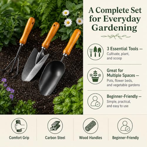3-in-1 Heavy Duty Gardening Tools Kit, Premium Carbon Steel Garden Hand Tools with Ergonomic Wooden Handle Includes Trowel, Transplanter, and Cultivator, Ideal Gardening Gifts for Gardener