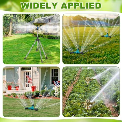 Funnymoom 4 Pcs Lawn Sprinklers for Yard Impact Sprinkler Head on Tripod Base Brass Head 1/2 Inch Zinc Impact Sprinkler Rotating Adjustable Metal Tripod in 18-36-inch Heavy Duty for Large Garden