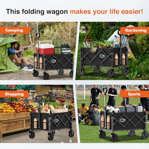 NWH Collapsible Wagon Cart with Wheels Foldable, 360LBS Large Capacity Portable Folding Utility Heavy Duty Beach Wagons Cart with All-Terrain Wheels for Groceries Shopping, Camping, Sports, Garden - size: 120L