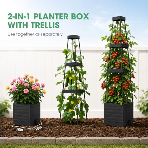 MQUPIN Tomato Planter Box with Trellis for Garden, 57 Inch Self-Watering Raised Garden Bed, Patio Tomato Cage for Climbing Vegetables & Flowers, Upgraded Tomato Pot for Indoor Outdoor Use (4 Pack)