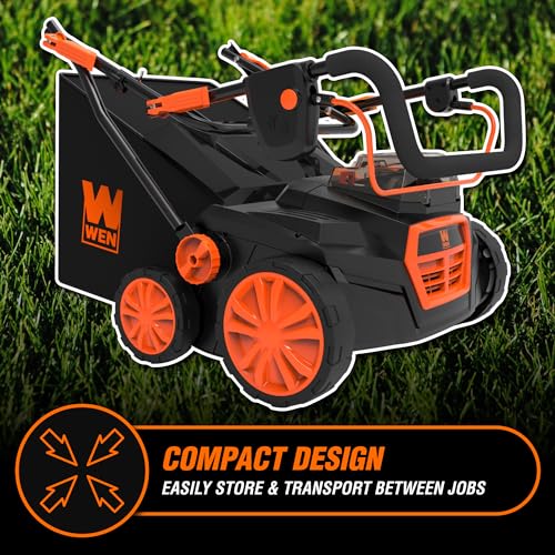 WEN 20V Max Cordless 15-Inch 2-in-1 Brushless Electric Dethatcher and Scarifier with Collection Bag, Two 4.0 Ah Batteries, and Dual-Port Charger (20716) - size: 15-Inch, Cordless