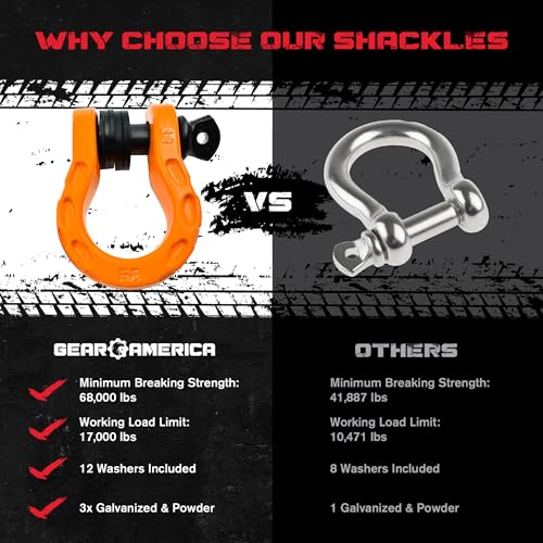 GearAmerica Mega D Ring Shackles - 68,000 lbs Towing Capacity, Stronger than 3/4″ D Rings - Tow Shackle Kit with 7/8″ Pin & Washers for Secure Connection of Tow Strap/Winch Rope in Off-Road Recovery | Heavy duty tow strap 3/4" 35,053 lb break strength, tr