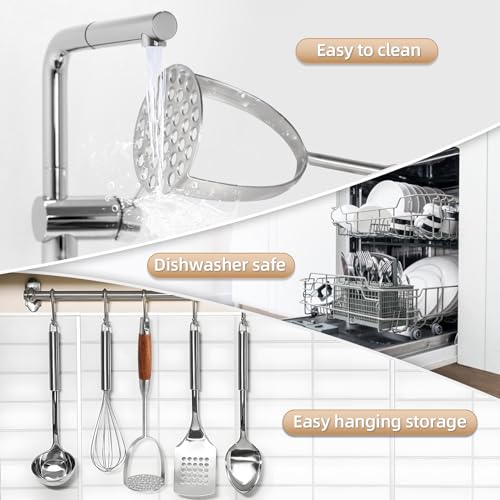 Potato Masher Stainless Steel, Manual Mashed Potato Masher,Wooden handle Potatoes Smasher Kitchen Tool for Avocado,Potatoes, Vegetables, 13.5Inch Long handle Large Heavy Duty Metal Mashing Utensil - size: Brown wooden handle large