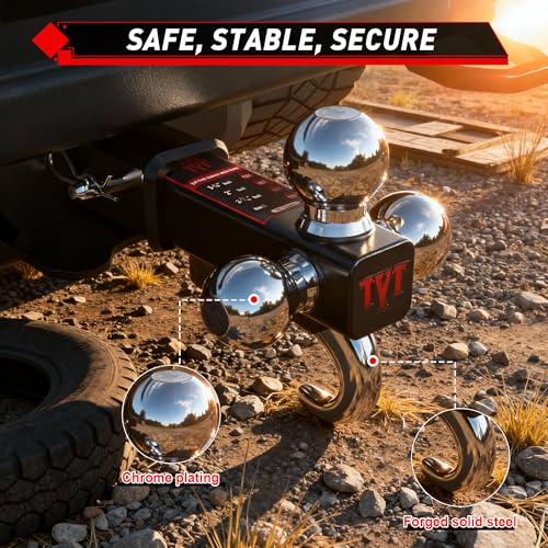 TYT Trailer Hitch Tri Ball Mount with Tow Hook,Fits 2 inch Receiver,1-7/8", 2", 2-5/16"Ball,10,000 lbs GTW,1,000 lbs TW,with Hitch pin - size: Tri-Ball with Hook 2