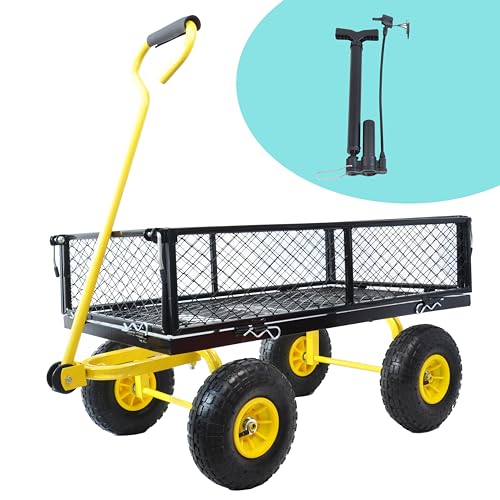 Garden Cart On Wheels, Utility Wagon with Heavy Duty 500 lbs Capacity, 180° Rotating Handle, Removable Mesh Sides to Convert into Flatbed, 10" Flat Free Tires, Perfect for Garden, Farm, Yard - color: A-black+yellow