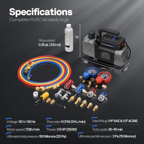 VIVOHOME A2L 1/3 HP 4CFM Single Stage AC Vacuum Pump and Manifold Gauge Set - size: 4 CFM