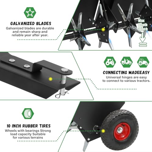 Doniks 52-Inch Tow Behind Lawn Plug Aerator with Universal Hitch, Lawn Aerator Tow Behind with 40 Galvanised Steel Tines,Tray and Inflatable Wheels for Gardens, Lawns, Farms - size: 52inch