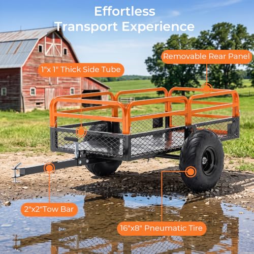 Heavy Duty Steel 1500 lb Capacity 15 Cubic feet Dump Cart Trailer, Tow Behind Hauling Wagon with Dual Dump Lever & Foot Pedal for ATV UTV