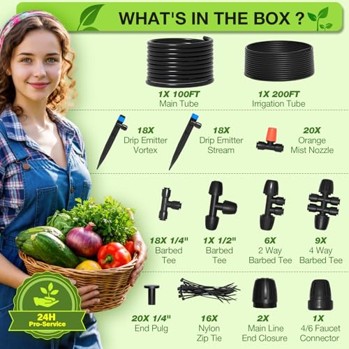 MIXC 300FT Drip Irrigation System Kit, Automatic Garden Misting Watering System with 100FT 1/2" & 200FT 1/4" Irrigation Tubing, Fitting, Adjustable Emitter for Greenhouse Lawn Raised Bed Potted Plant - size: 100FT Main Tube+200FT 1/4'' Tube