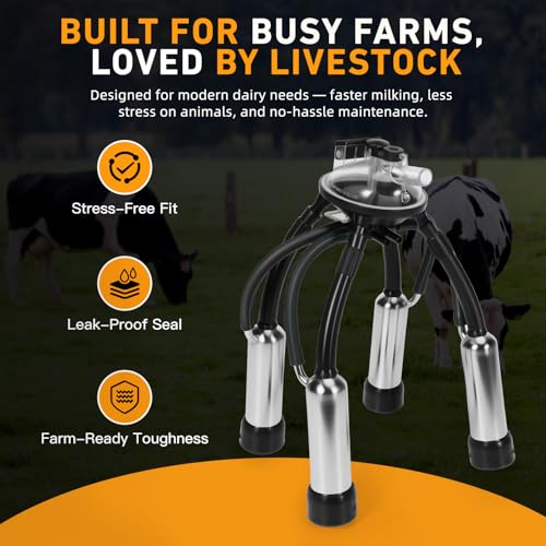 Cow Milking Cluster with 4 Teat Cups, 240CC Milk Claw for Vacuum Pump Milking Machine, Silicone Stainless Steel Milk Cup Set for Cattle, Goats, Sheep, Dairy Farm Milker Equipment
