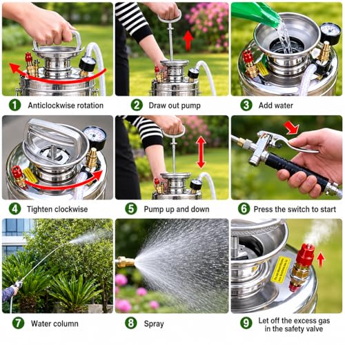 3.5 Gallon Stainless Steel Sprayer, Hand Metal Pump Up Sprayer Reinforced Hose with Pressure Gauge, Safety Valve & Adjustable Nozzle, Garden Weed Sprayers for Lawn, Gardening, Sanitizing - style: 3.5 Gal