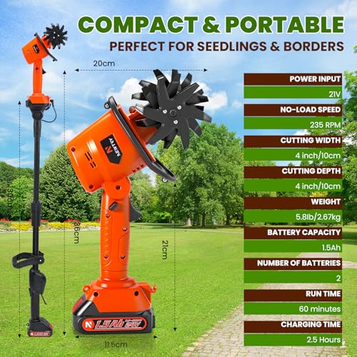 NEWTRY Cordless Electric Tiller Cultivator, 4'' Tilling Depth & Width
