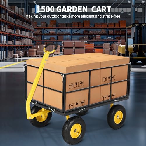 Heavy Duty 1500 lbs Steel Garden Cart, 3-in-1 Outdoor Utility Wagon with Removable Mesh Sides, 13" All-Terrain Wheels, 180° Rotating Handle for Lawn, Backyard, Farm & Gardening - color: Black