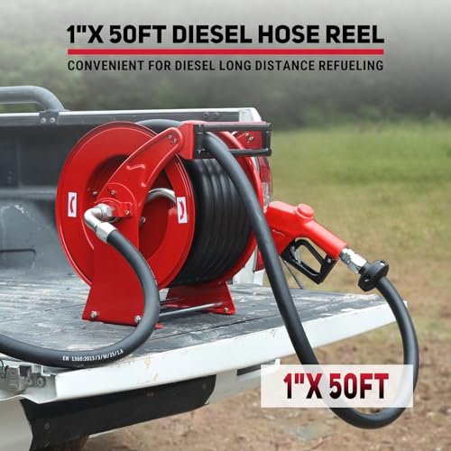 Fuel Hose Reel, Retractable 1" x 50' Extra Long Diesel Hose, 300 PSI Industrial Carbon Steel Diesel Hose Reel Auto Swivel Rewind with Fueling Nozzle for Vehicle Tank Truck Trailer Ship - color: Red, size: 1 inch 50FT