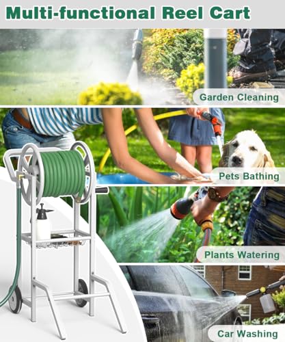 Artigarden Hose Reel Cart with 2 Wheels, Garden Water Hose Holder Heavy Duty Powder Coated Steel Outdoor Winder Storage Holds 125 ft 5/8" Hoses with Basket and 3.9ft Leader Hose for Backyard, White - color: White