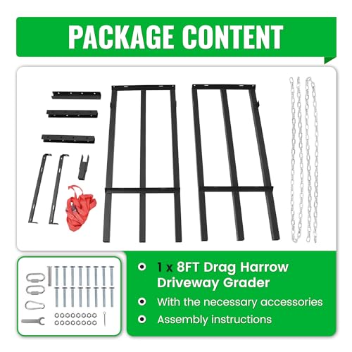 ALMULOO 8 FT Drag Harrow Driveway Grader, for UTV, ATV, Tractor, Mower Heavy Duty Power Rake w/ 6 FT Chain, Tow Behind Yard Lawn Leveling Tool for Gravel, Sand, Soil, Hay