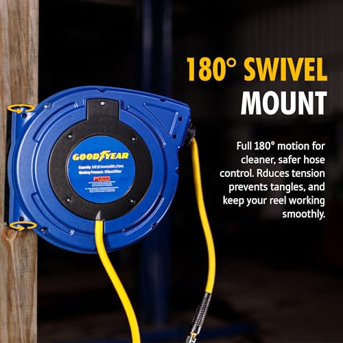Goodyear Air Hose Reel Retractable 3/8" Inch x 50' Foot Hybrid Polymer Hose Max 300PSI Commerical Polypropylene Construction - color: Air/Water Reel
