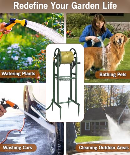 Garbuildman Ground Mount Garden Hose Reel Holds 125 Feet of 5/8-Inch with 3.9 ft Leader Hose, Brass Fitting, Water Hose Holder Stand with Storage Rack & 4 Spikes Base for Outdoor Lawn, Green - color: Green