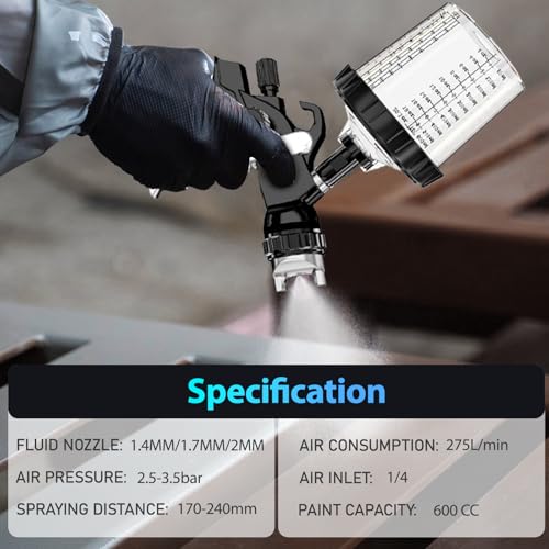 HVLP Air Spray Gun with 1.4/1.7/2mm Nozzles & Air Compressor Regulator, Air Spray Paint Gun w/10pcs 600cc Mixing Cup and Lids, Automotive Paint Sprayer for Car, House Painting, Furniture - color: Black